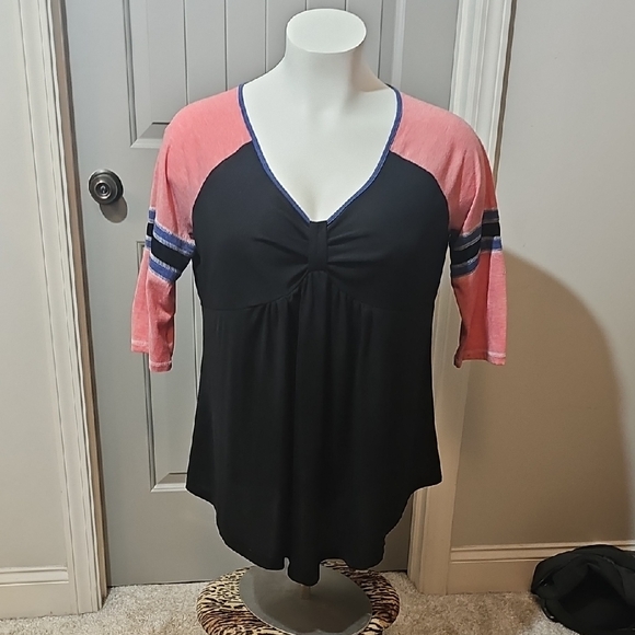 Rosegal Black Blouse with Pink and Blue Striped Sleeves - Picture 1 of 7